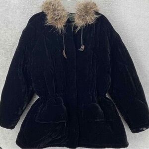 Ralph Lauren | black velvet/velour quilted lining fur trimmed soft parka coat